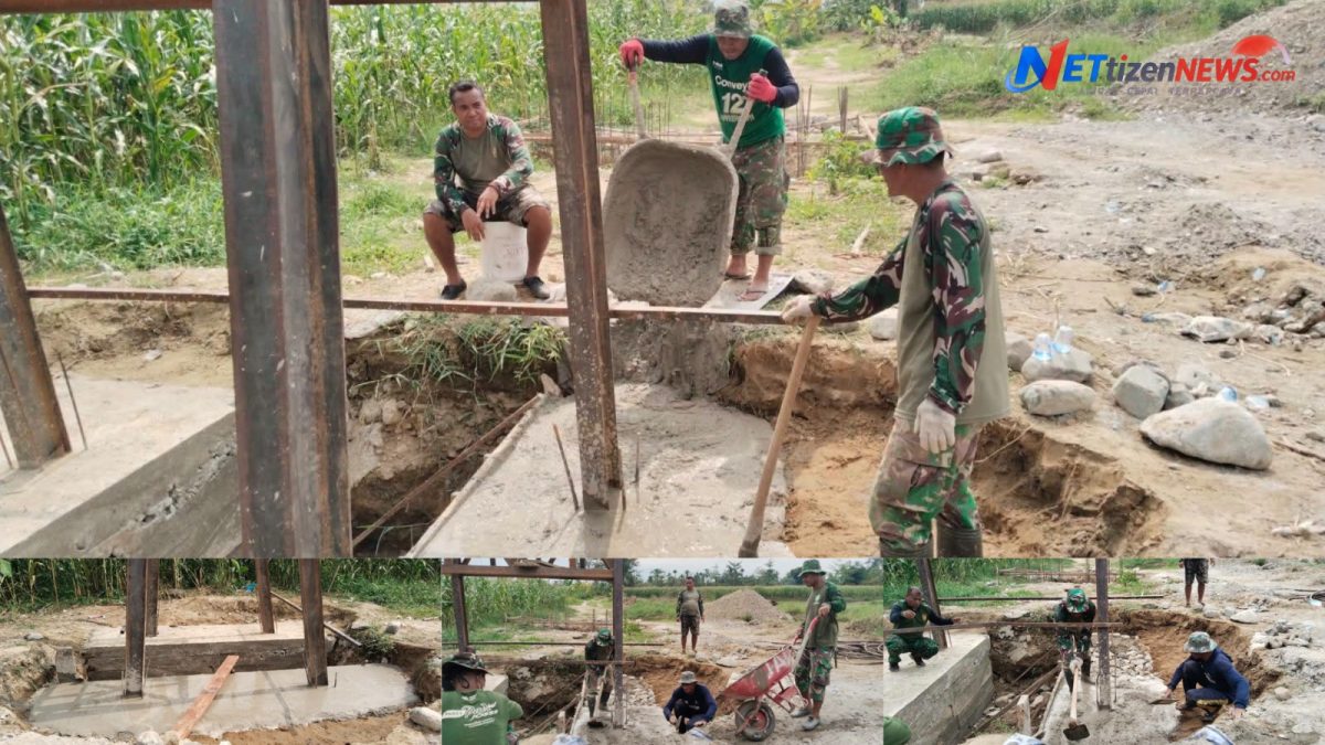 Percepat Akses Transportasi, Babinsa Kodim 0108/Agara Bersama Warga Gotong Royong Cor Tiang Pylon Jembatan Gantung Perintis Garuda di Desa Buah Pala