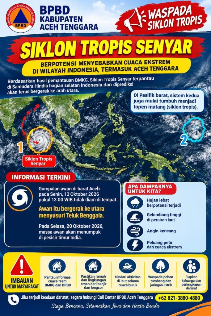 BPBD Aceh Tenggara Rilis Imbauan Waspada Siklon Tropis Senyar dan Cuaca Ekstrem